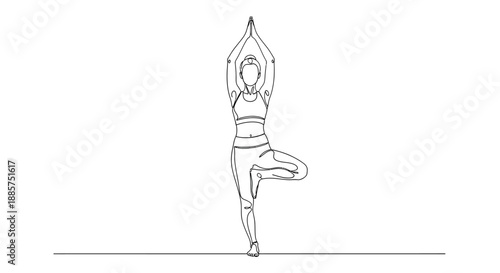 Minimalist continuous line drawing of a woman performing the vrikshasana yoga pose on a white background