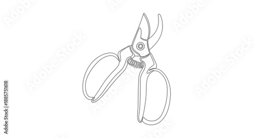 Detailed black and white line drawing illustration of garden pruning shears or loppers with open blades and handles on a white background