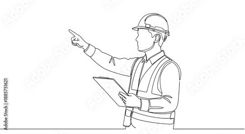 Architectural sketch of a construction worker in a hard hat holding a clipboard and pointing upwards at a white background