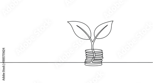 Continuous line drawing of a plant sprout growing from a stack of coins symbolizing financial growth and investment in sustainable business ventures