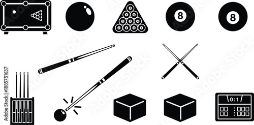 Billiards, pool, or snooker with table with pockets and  eight-ball pool vector icons illustration.  