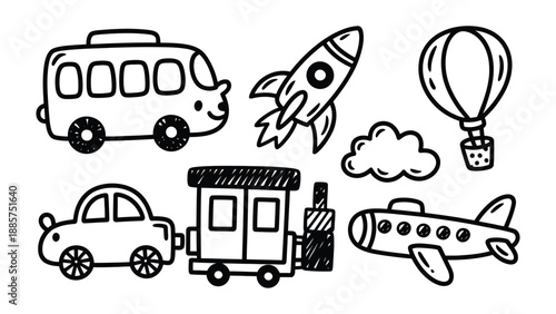 Doodle Transport Collection: A whimsical assortment of hand-drawn vehicles. The drawing style lends a playful and artistic charm to the scene.