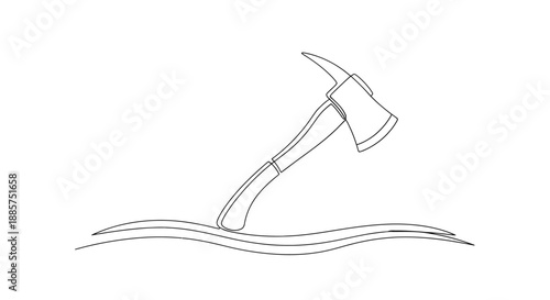Stylized outline drawing of a fire axe emerging from wavy lines representing water or ground symbolizing rescue and emergency services