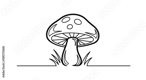 Whimsical hand drawn outline illustration of a cute cartoon mushroom with a friendly face growing in grass