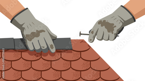 Gloved hands carefully installing red roof shingles, using a nail to secure them, indicating a detailed and sturdy roofing process.