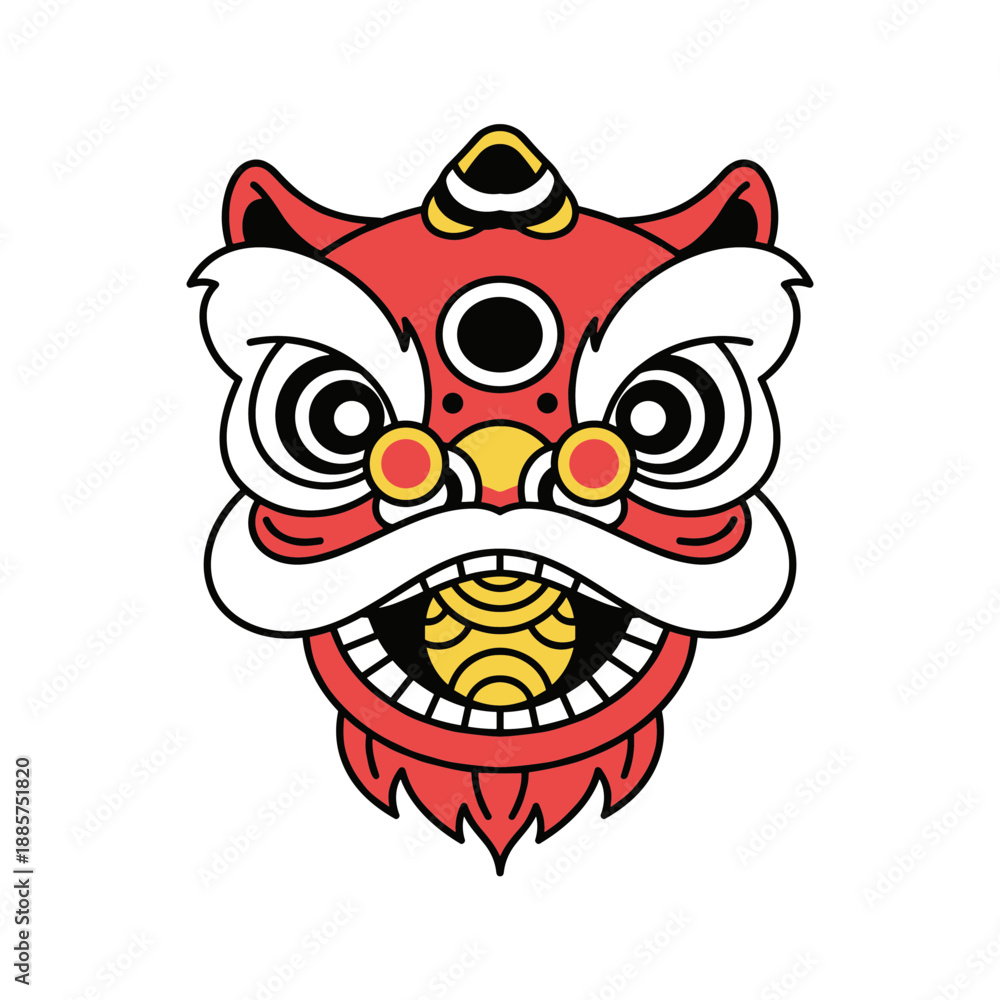Obraz premium Traditional Chinese lion dance head mask illustration, lunar new year cultural symbol, colorful red and gold folk art for spring festival celebration