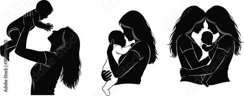 Mother lifting baby, hugging child, two women with infant, silhouette vector of family love, emotional care, unity, motherhood illustration art