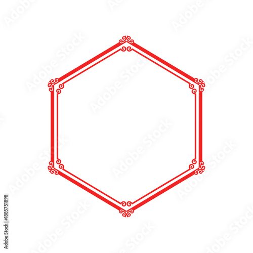 Elegant red hexagonal frame with traditional chinese cloud patterns and curly corners vector illustration for greeting card and festive border