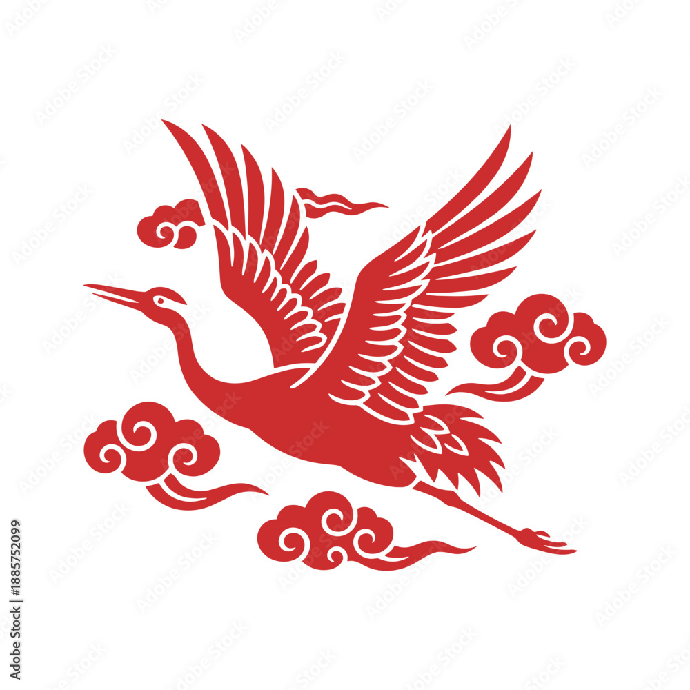 Obraz premium Traditional Chinese red crane bird flying among clouds, oriental paper cut style vector illustration for lunar new year and cultural celebration.