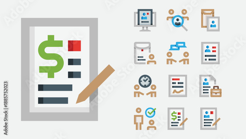 Job contract and employment agreement icons set