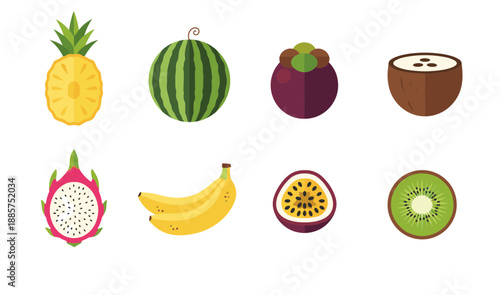 Assorted tropical fruits collection including pineapple watermelon mangosteen coconut dragon fruit banana passion fruit and kiwi in flat vector icon style