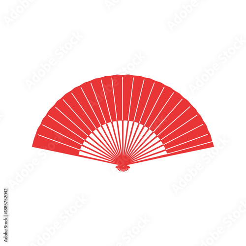 Traditional red folding hand fan icon, decorative oriental accessory for cooling and dance performance, flat vector illustration isolated on white background