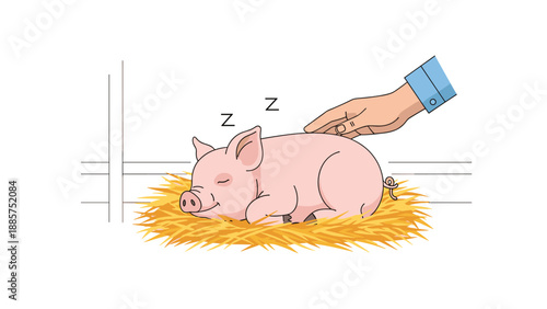 A gentle hand softly pets a cute, sleeping baby pig, marked with "Z" for sleep, resting on a cozy bed of hay against a white background.