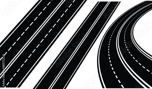 Black vector illustration of straight and curved highway lanes with road markings for transportation, traffic planning, travel infrastructure and roadway engineering design concepts
