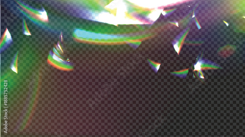 PNG Crystal Prism Light Effect Sparkle Glare Reflection Overlay. Glass Banner Optical Rainbow Lights, Chromatic Streak Rainbow Effect, Falling Confetti