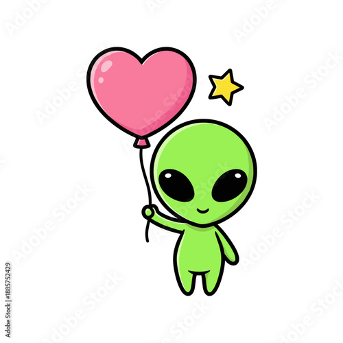 Cute little green alien holding a pink heart shaped balloon with a yellow star kawaii character design for valentine day isolated on white background