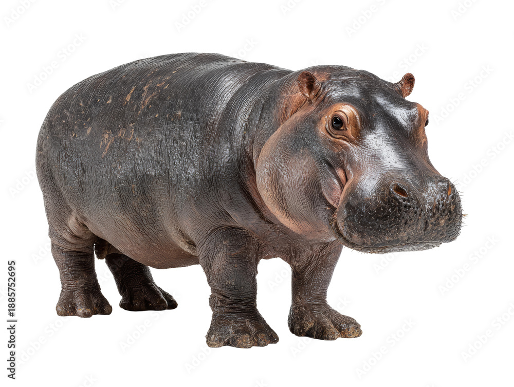 Fototapeta premium A hippopotamus standing on its feet in a studio setting. This hefty mammal showcases a lot of detail Isolated Transparent Background, PNG