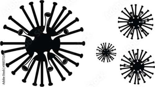 Black virus silhouette set with multiple germs, bacteria and pathogen shapes, microbiology infection concept vector illustration isolated on white