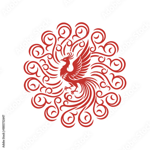 Intricate Red Phoenix Mandala Circular Graphic Ornament Traditional Asian Mythological Bird Design for Cultural and Artistic Projects on White
