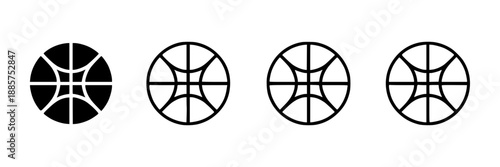 Four variations of a basketball icon arranged horizontally on a white background, showing filled and outlined styles