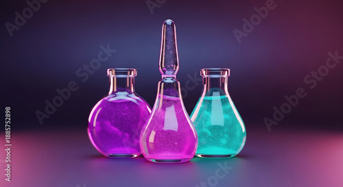 반짝이는 액체 담긴 유리병 삼총사