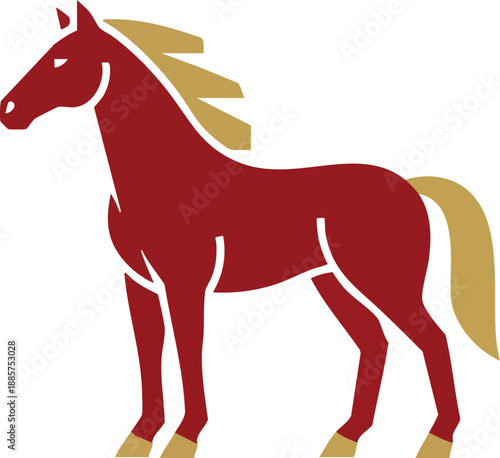 Stylized illustration of a standing horse in deep red and gold colors, featuring a simple, graphic design suitable for logos or icons