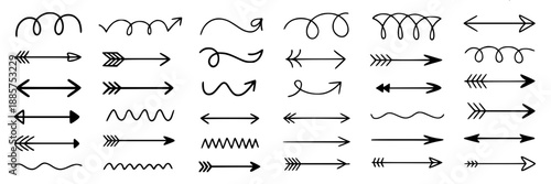 A collection of hand‑drawn arrows in various colors, directions and sizes, arranged side‑by‑side on a white background for graphic design use.