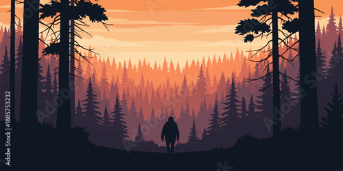 A vibrant orange sunset reflects over the calm river and lake water, framed by forest trees and distant mountains under a dramatic sky at dusk