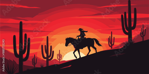 Vector illustration of a wild western landscape featuring the silhouette of a cactus and a camel caravan traveling across the Sahara desert sand under a golden sunset sky