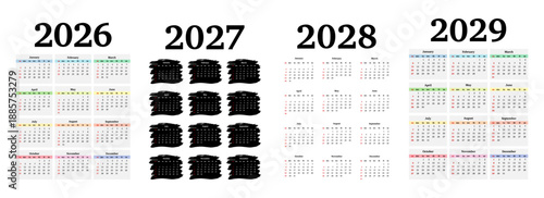 Set of calendars for 2026, 2027, 2028 and 2029 on a white background
