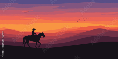 A wild giraffe silhouette stands against a golden sunset sky in a vast nature landscape, evoking the spirit of a western desert travel illustration with the grace of a wandering mammal