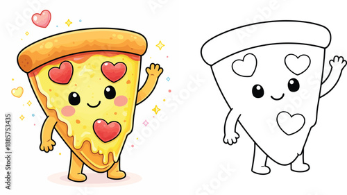 Adorable cartoon pizza slice with a pepperoni heart Kawaii food illustration in vector form using black and white line art for a coloring book