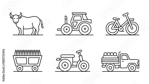 Farm Icons: A collection of simple, black and white illustrations of farm-related elements, perfect for use in agriculture and rural-themed projects.