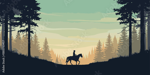 A wild horse and deer stand as black silhouettes against a sunset mountain landscape with forest trees under a vector sky