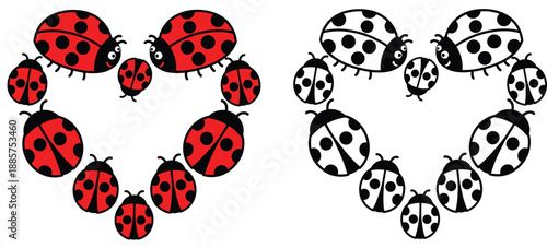 Adorable ladybugs placed in a heart pattern For a coloring book and Valentine's Day theme, a vector drawing of a red insect with a black and white outline