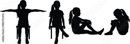 Silhouette illustration of a young girl sitting in multiple poses, representing childhood thoughtful contemplation, learning posture and calm solitary behavior in a minimalist graphic concept