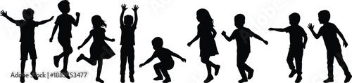 Silhouette illustration of children running, jumping and playing together, representing childhood joy, outdoor activity, fun movement, energy and playful lifestyle in a lively group concept