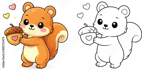 A charming black-and-white drawing of a cartoon squirrel clutching an acorn with a heart for a coloring book or Valentine's Day