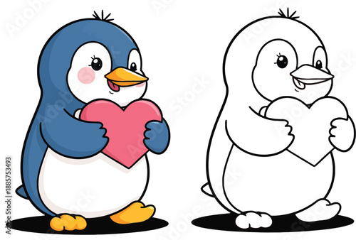 For a coloring book or Valentine's Day theme, this adorable cartoon penguin walks while clutching a large pink heart with a black and white outline