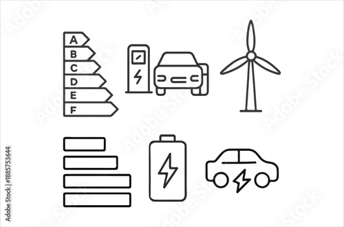 Icons representing energy efficiency electric vehicles and renewable power sources