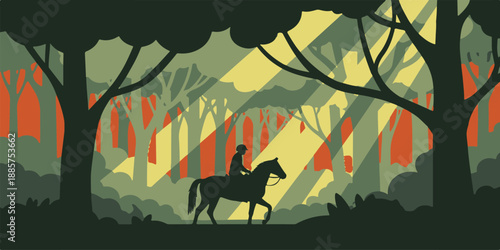 Artistic nature landscape illustration featuring wild animals in the forest with a deer and horse silhouette against a sunset sky and trees
