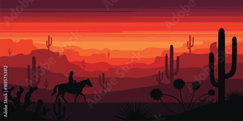 A silhouette of a cowboy riding a horse alongside a camel caravan through a wild western desert landscape under a golden evening sunset sky