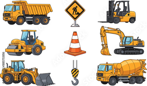 Colorful construction machinery illustration set featuring trucks, excavator, forklift, road signs, safety cone, and heavy equipment isolated on white background