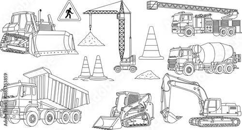 Construction machinery outline illustration set featuring cranes excavators trucks and roadwork equipment icons for engineering building and infrastructure projects