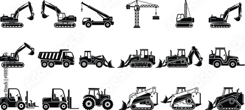 Construction machinery silhouette icon set featuring excavators loaders cranes forklifts and trucks for industrial engineering and building projects