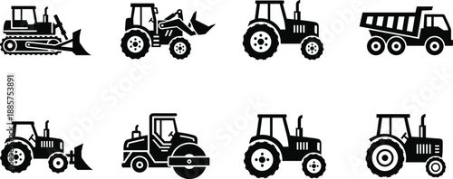 Construction vehicle silhouette icon set featuring tractors bulldozers loaders dump trucks and road rollers for industrial building projects