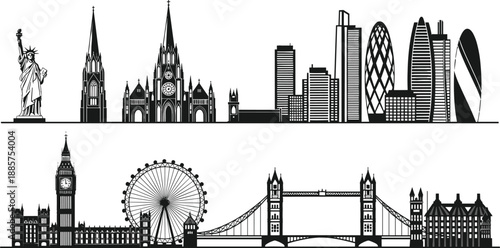 Famous city skyline silhouettes featuring London landmarks and global monuments for travel tourism urban architecture illustration and cityscape design