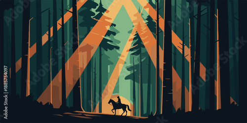 Vector illustration of a dark abstract nature landscape featuring a vintage house silhouette and old forest trees against a starry night sky design