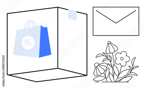 E-commerce, online shopping, package delivery, marketing, communication, eco-friendly design. ion of a box with a shopping bag, envelope and floral graphic. E-commerce and online shopping elements