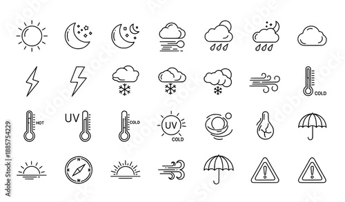 Outline weather icons app UI pack with linear forecast symbols vector illustration